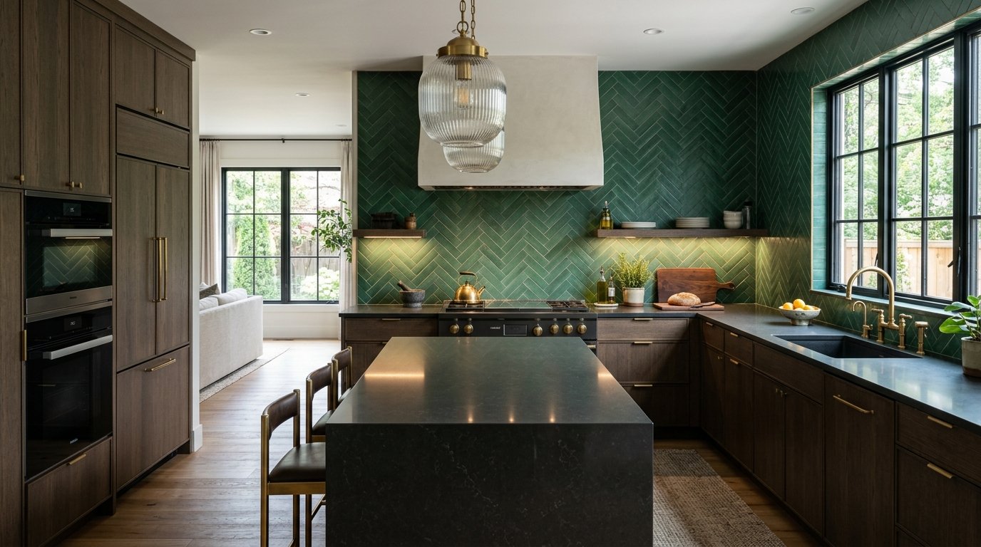 Emerald Glossy Herringbone Tile Angle 2